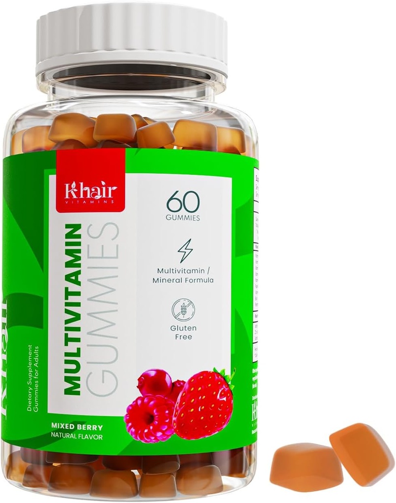 Khair Halal Adult Multivitamine Gummy - Vegan, Non-GMO - Glutenfrei, Gelatinfrei - essentielle Vitamine: Vitamin A E C D B12 & Vitamin B6 Halal Vitamine - 60 Gummie