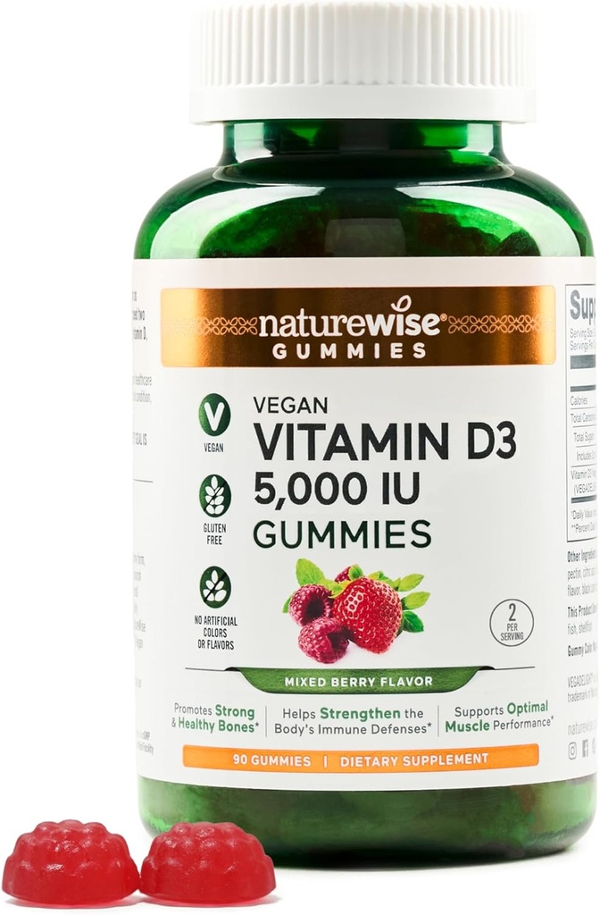 NatureWise Vitamin D3 5000 IU Gummies - Mixed Berry Flavor - Vegan D da Lichen, Pectin Based, Supporto Immune per Adulti, Muscle & Bone Strength - Gluten Free, Non-GMO - 90 Count[45-Day Supply]