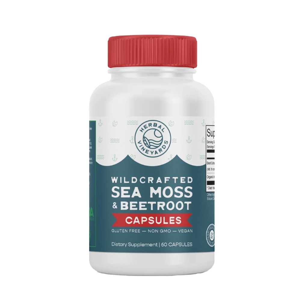 Canti di erbe Vineyards Organic Wildcrafted Sea Moss and Beetroot 60 Capsules | Supporto immunitario, Salute digestiva & Migliore Energia | Vegan Friendly | Non-GMO | Eticamente Source