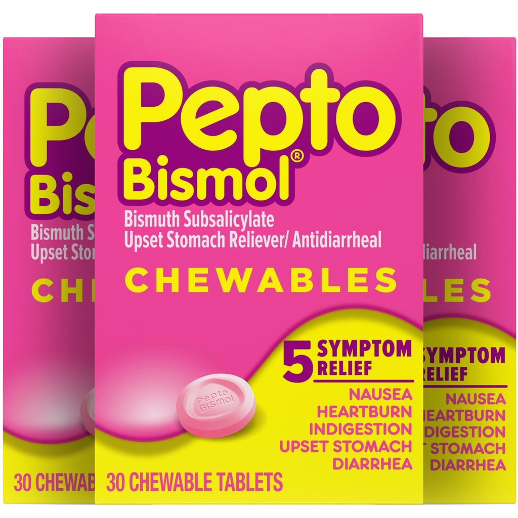 Pepto Bismol Chewable Tablets per Nausea, Heartburn, Indigestion, Upset Stomach, and Diarrhea Relief, Original Flavor, 90 Total (3 pacchetti di 30)