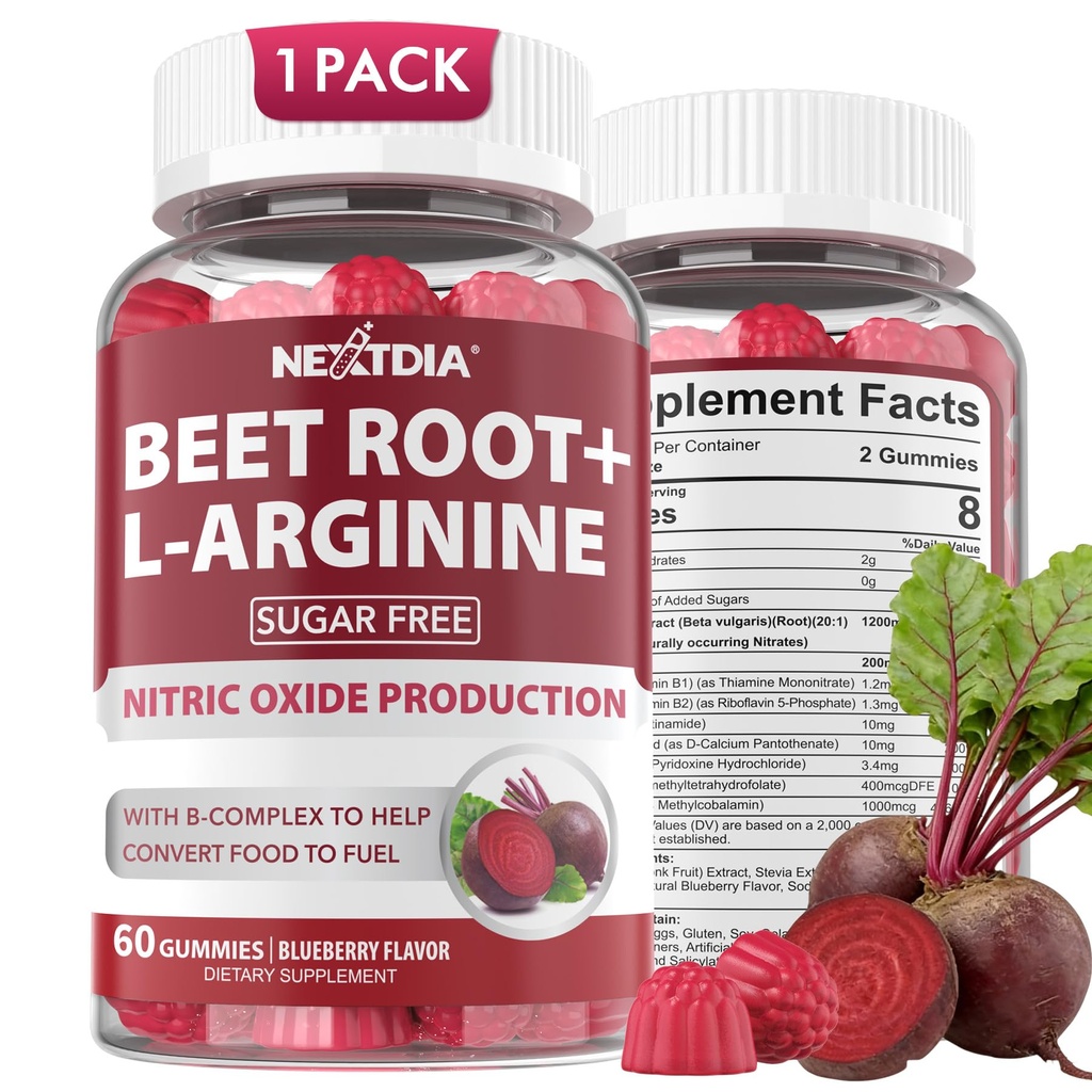Beet Root Gummies & L-Arginin, Nitric Oxid Ergänzungen für Männer & Frauen w/Organic Beets, B1, B2, B3, B5, B6, Folate, B12 for Energy Boost & Zirculation Support, Sugar Free, 60 Cts