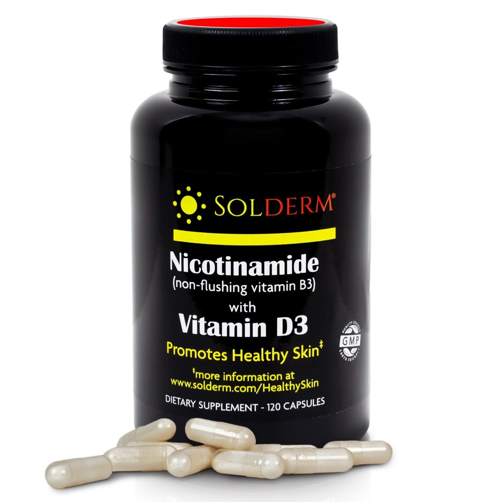 Nicotinamid Non-Flushing Vitamin B3 und D3 Ergänzung | Vegetarisch und Glutenfreier Mund Nicotinamid Ergänzung mit Gemüsezellulose Gehäuse | Fördert gesunde Haut | 60 Kapseln | 500mg
