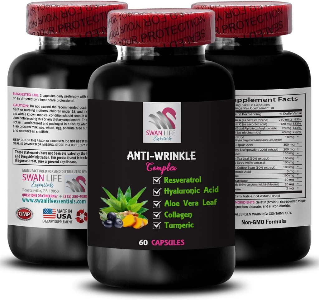 Youthful Look - Anti-Wrinkle Complex - Turmeric Extract, Silken Touch, Green Tea Support, Glycine Benefits, Smooth Finish, Hydration Complex, Fresh Appearance, Natural Ingredients 1 Bottle 60 Caps