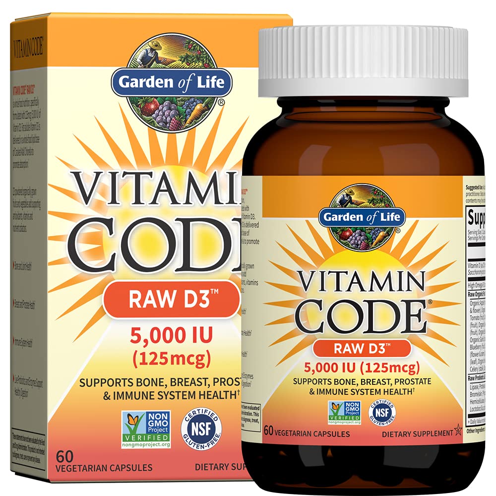Garten des Lebens Vitamin D3 5000 IU, Rohe ganze Nahrungsergänzungsmittel mit Chlorella, Obst, Gemüse & Probiotika für Knochen & Immune Gesundheit, 60 vegetarische Kapseln