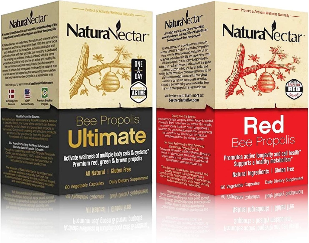 NaturaNectar Natural Bee Propolis Bundle - Bee Propolis Ultimate and Red Propolis - per il supporto immunitario e respiratorio, e un metabolismo sano - 60 capsule per bottiglia