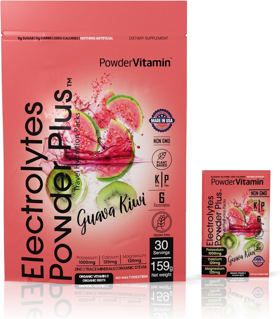 PoudreVitamine Electrolytes Poudre Plus, Keto, Guava Kiwi, Zero Sugar, 1000mg Potassium, 120mg Calcium, 120mg Magnésium, Non-OGM, Zero Calories, 30 emballages d'hydratation