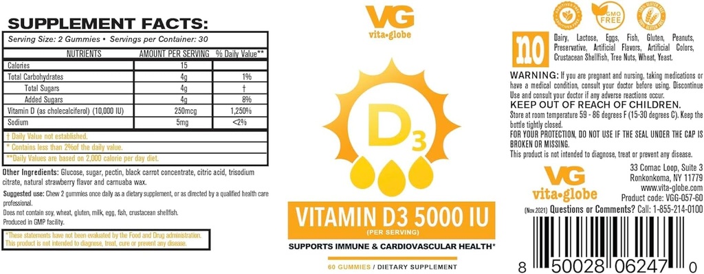 VITA GLOBE Vitamin D3 10,000IU with Zinc and Echinacea Gummy - Supports Healthy Immune System, Strong Bones, Teeth and Muscles, 120 Count (2-Pack)