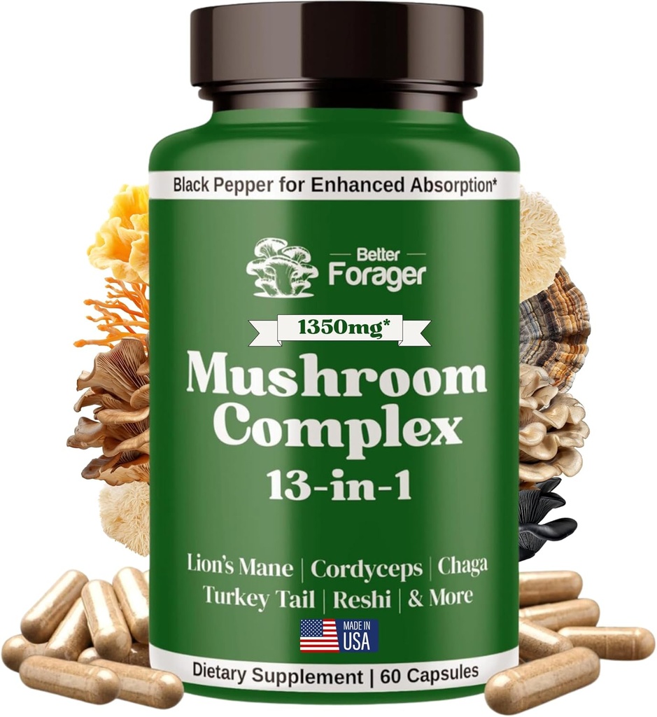 Funghi complesso capsule, 13-in-1 Mushroom Supplement, Lion's Mane, Reishi, Cordyceps, & More, Promuove la messa a fuoco, Clarity, & Memory, Estratto supplemento, 1 mese di fornitura, 60 conte