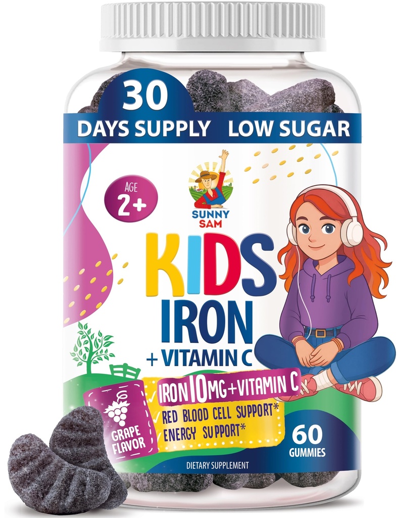 SUNNY SAM Eisengummis für Kinder & Jugendliche - 10mg Eisen Vitamine mit Vitamin C - Low-Sugar Kaugummi-Ergänzung für Immununterstützung, unterstützt Red Blood Cell Production für Kinder & Jugendliche Mädchen