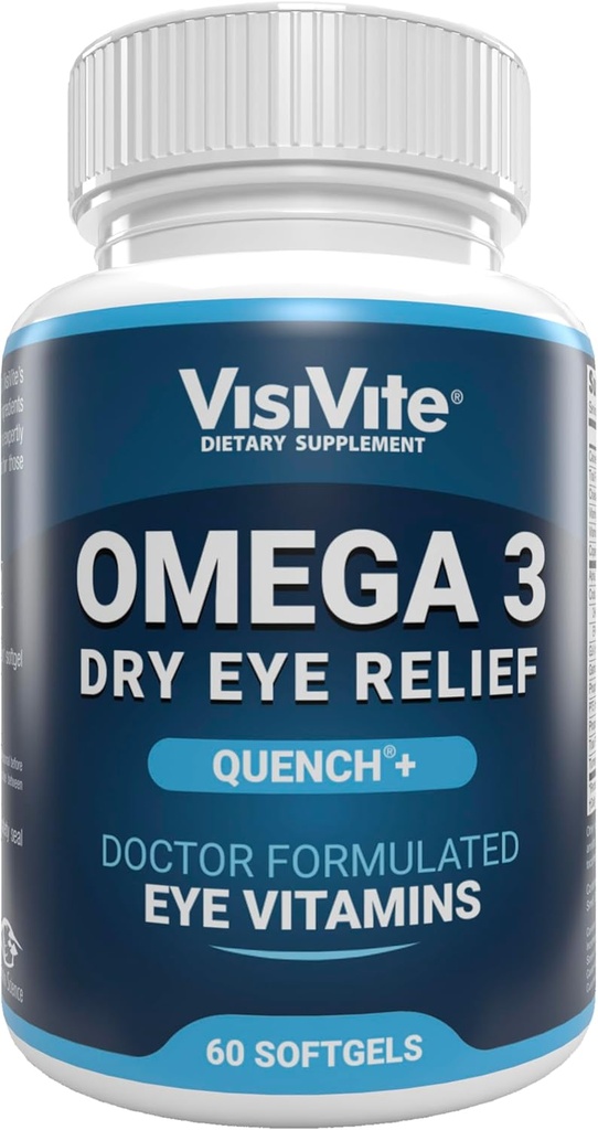 Suppléments oculaires secs Omega 3 avec EPA et DHA - VisiVite Sec Eye Relief Quench+ Vitamines oculaires pour les yeux secs avec supplément Omega 3 - Vitamines oculaires sèches avec huile de poisson Omega 3 - 60 Softgels.