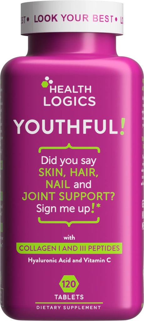 Health Logics Youthful Collagen 6.000 mg | Collagen Peptide Typen 1 und 3 mit Hyaluronsäure und Vitamin C | Anti-Aging Collagen für gesunde Gelenke & Haut | 120 Collagen Tabletten