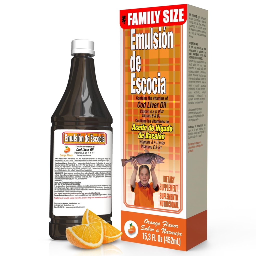 EMULSION DE ESCOCIA Huile de foie de morue, Supplément alimentaire, Vitamines A, B1, D et E, Soutien du système immunitaire, Arôme orange (15.3 Fl Oz/Pack de 1)