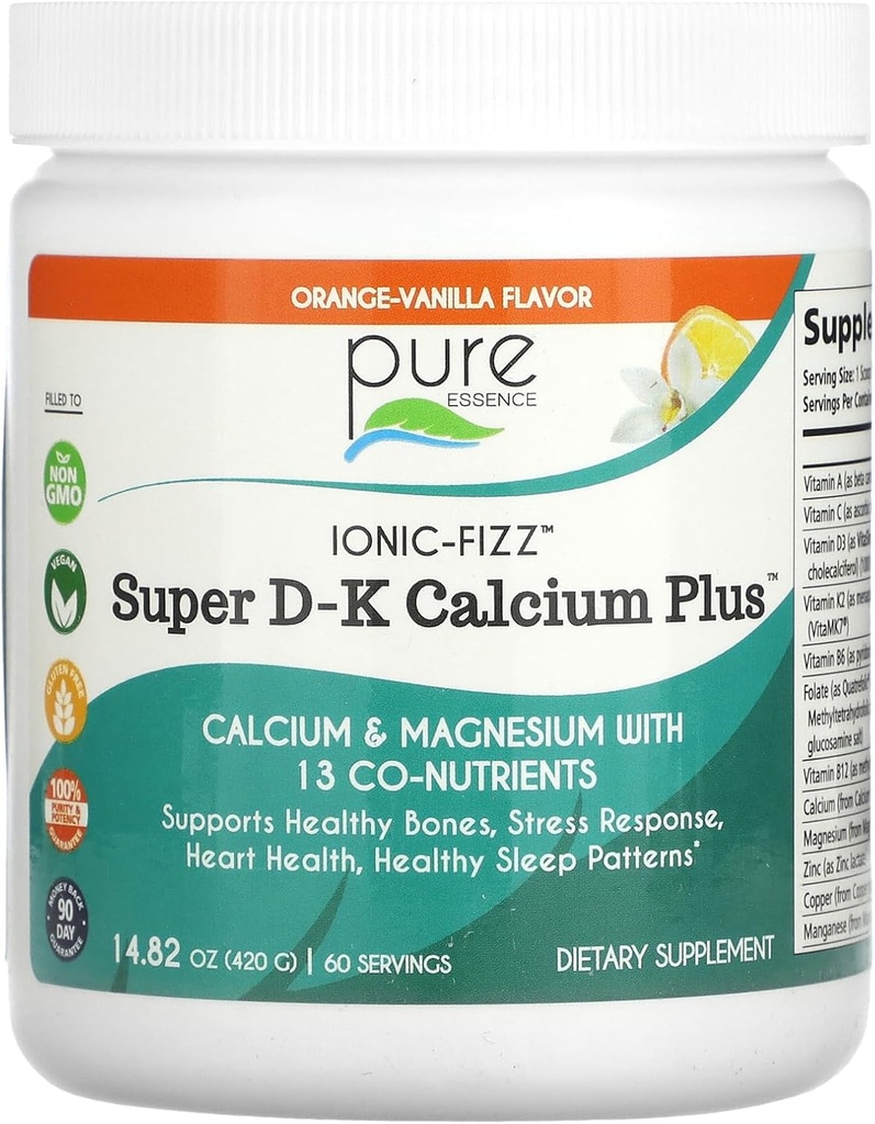 Ionic Fizz Super D-K Calcium Plus von Pure Essence - mit extra Magnesium, Vitamin D3, Vitamin K2 - Orange Vanille - 14.82oz