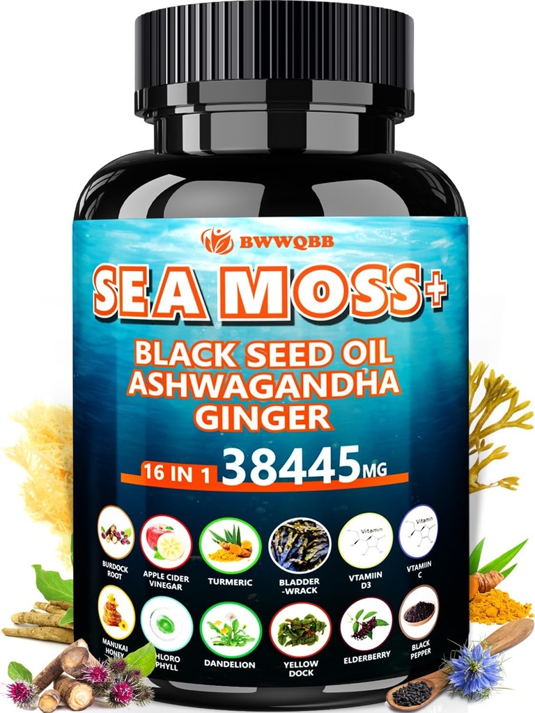 Sea Moss 350mg Schwarz Seed Öl 200mg Ashwagandha 100mg Turmeric 100mg Bladderwrack 100mg Burdock 100mg,All-in-1 Sea Moss Capsules-60 Count