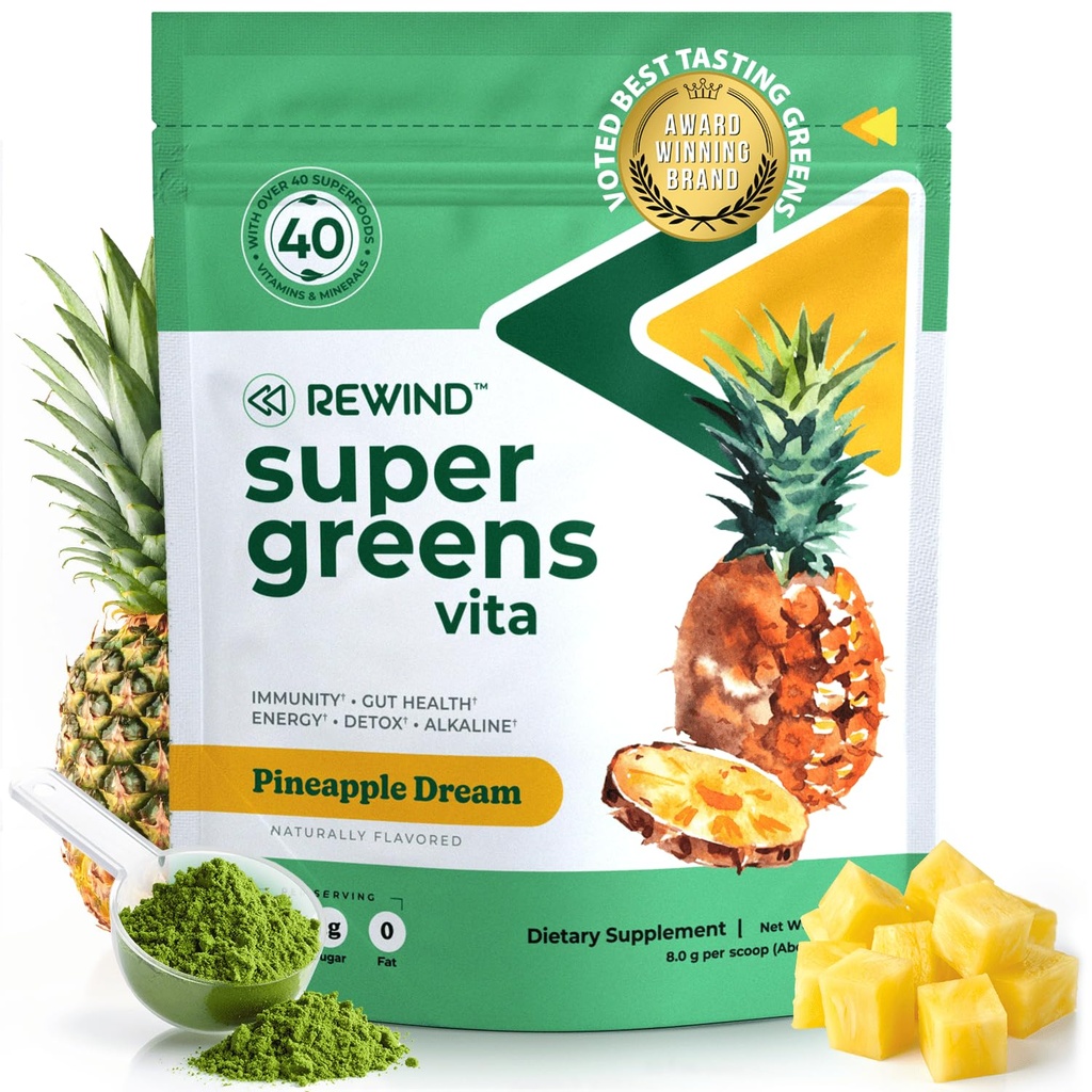 Meilleures Dégustation de poudre Super Greens avec 40+ Superfoods – Délicieux Poudre Verte Quotidien avec Vitamine B12, Zinc, Vitamine C, Magnésium et Calcium – Mélange de Jus Vert Superfood - Arôme d'Ananas