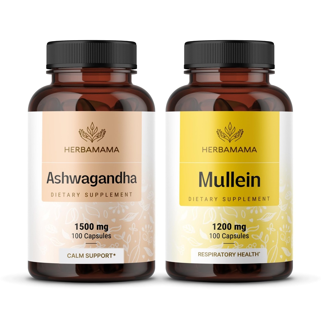 HERBAMAMA Ashwagandha e Mullein Kit - Bundle di 1500 mg Ashwagandha Root & 1200 mg Mullein Leaf Capsule 100 Caps - Vegan, Non-GMO, Sugar & Alcohol-Free - 2 Pack