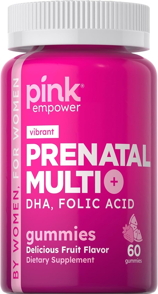 PINK Vitamines prénatales : 60 Gommies avec DHA et acide folique : non-OGM et multivitamine sans gluten.