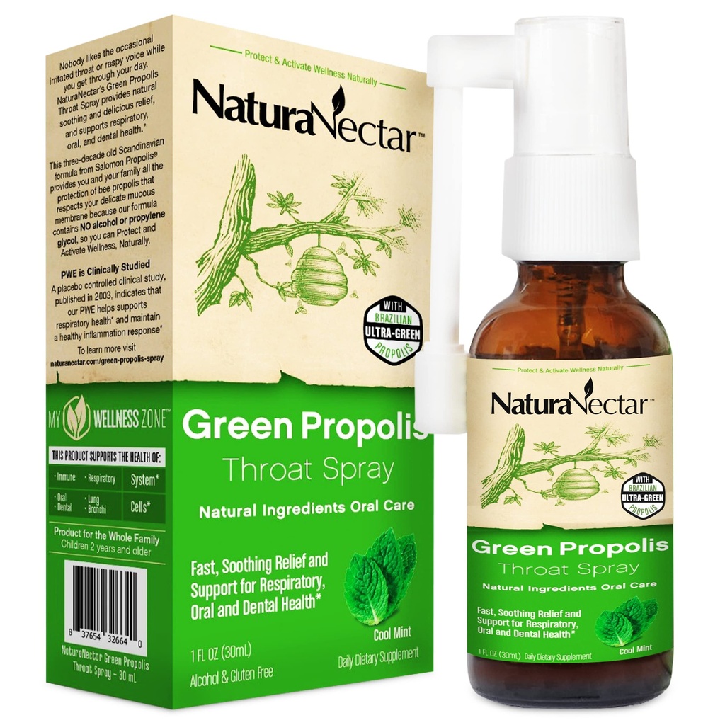NaturaNectar - Green Propolis Throat Spray - Einzigartiges, beruhigendes Throat Care Relief mit brasilianischen Bienen Propolis - Natürliche und nicht-alkoholische Throat Care Formel aus nachhaltiger Bienenhaltung (1-Pack, 30mL)