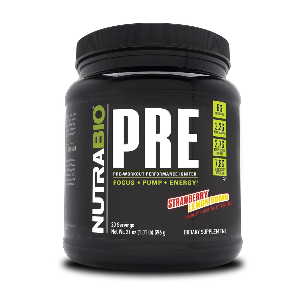 Poudre d'entraînement NutraBio PRE - Vieille formule-énergie soutenue, concentration mentale, endurance - Beta Alanine, Créatine, caféine, électrolytes - 20 portions - Bombe au citron fraise
