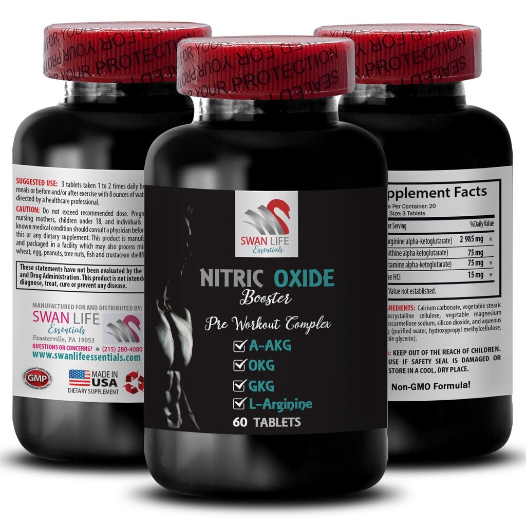 A-AKG, Oxyde Nitrique - Booster d'Oxyde Nitrique - Supplément d'exercice, Power Boost, Enhancer de force, Mélange d'endurance, Augmentation de l'endurance, Booster de performance, Formule de récupération, Muscle Focus 1 bouteille 60 onglets