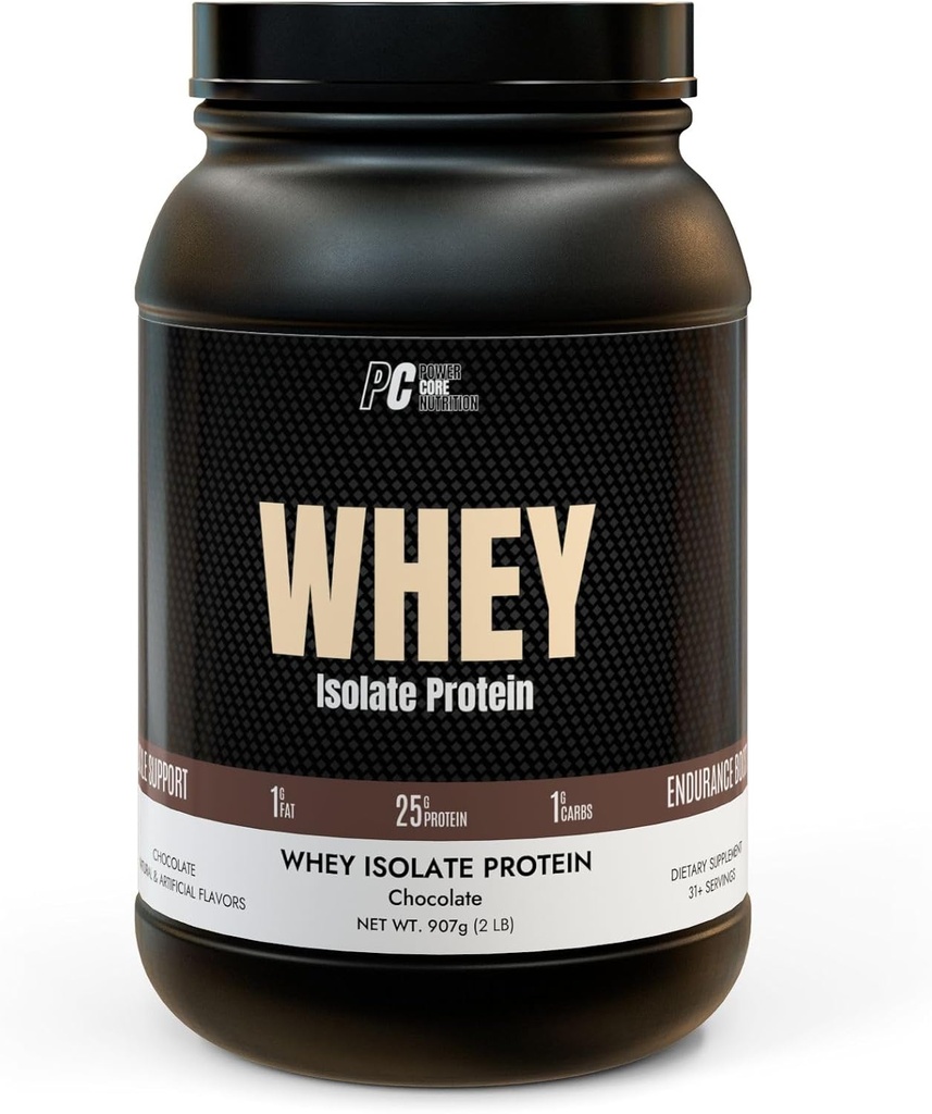 PowerCore Nutrition Whey Isolated Protein - Carbo basso, Basso Grasso, Facilmente Miscela - 25g Protein per Serving - Cioccolato Sapore, Non OGM, Recupero Muscolare & Magra Gains Supplemento (2 lb)