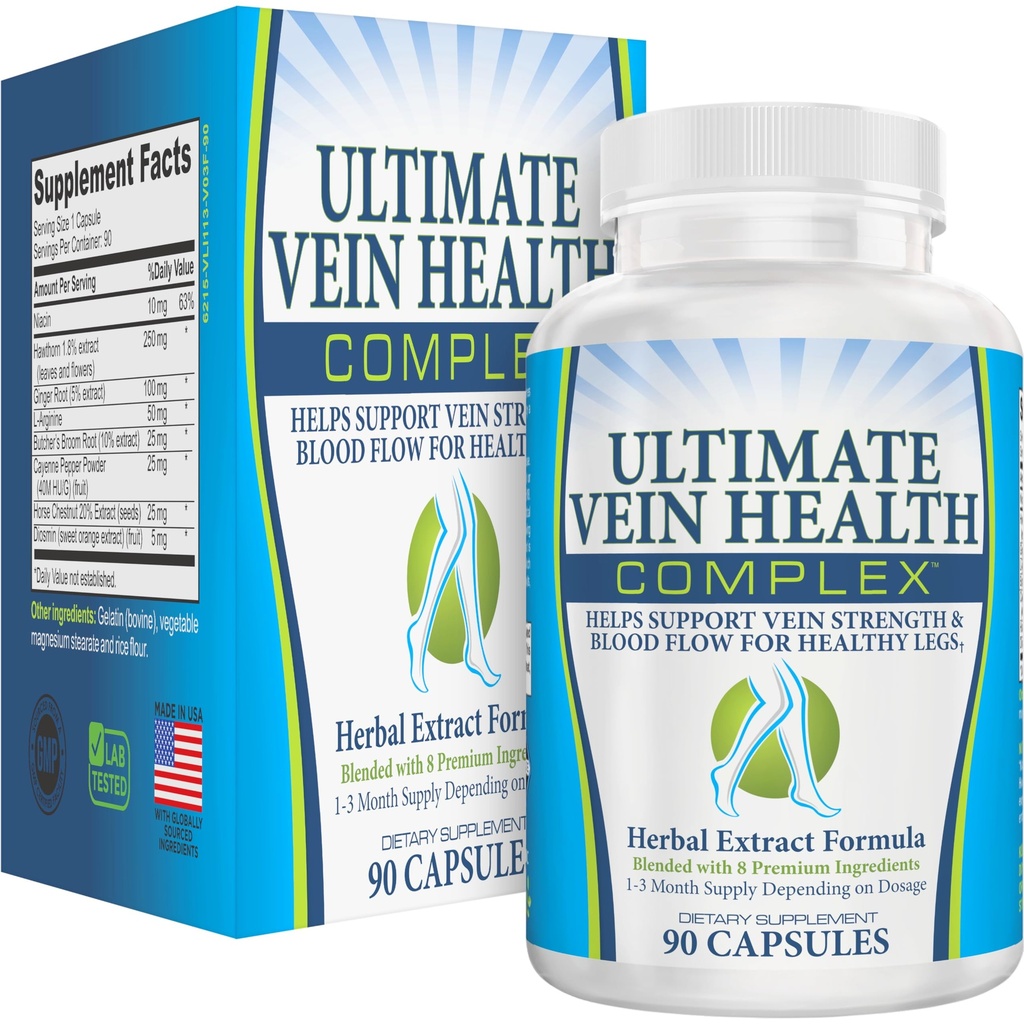 8-in-1 Vein & Leg Health Circulation Supplementi | Blood Circulation Booster Formula | Ultimate Vein & Leg Circulatory System Support Supplemento | Nutrienti per vene sane e forti | 90 capsule