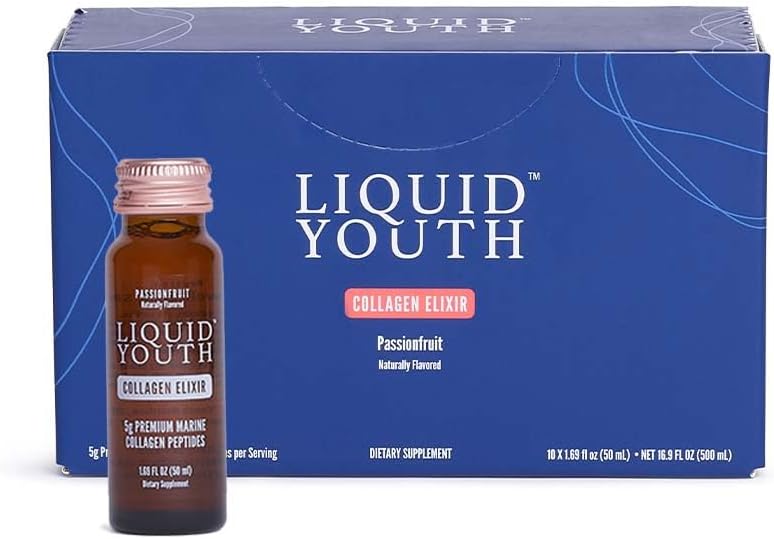 Collagène liquide Elixir Shot pour les femmes et les hommes - Collagène marin liquide premium pour la croissance des cheveux, de la peau, des ongles, des os et de la santé articulaire - Amies des voyages (fruits de passion, 10 portions par boîte)