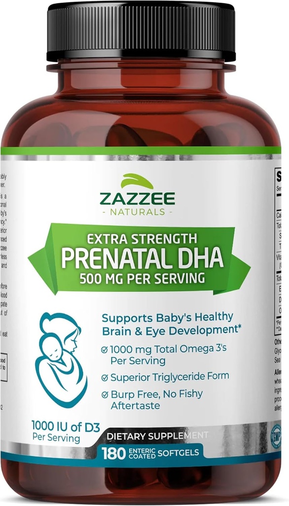 Zazzee Extra Strength Prenatal DHA 500 mg, 180 Enteric Coated Softgels, 1000 mg Omega 3’s, 1000 UI Vitamin D3, Burp Free, Kein Fisch Nachgeschmack, Superior Triglycerid Form, gereinigtes Tiefsee Fischöl