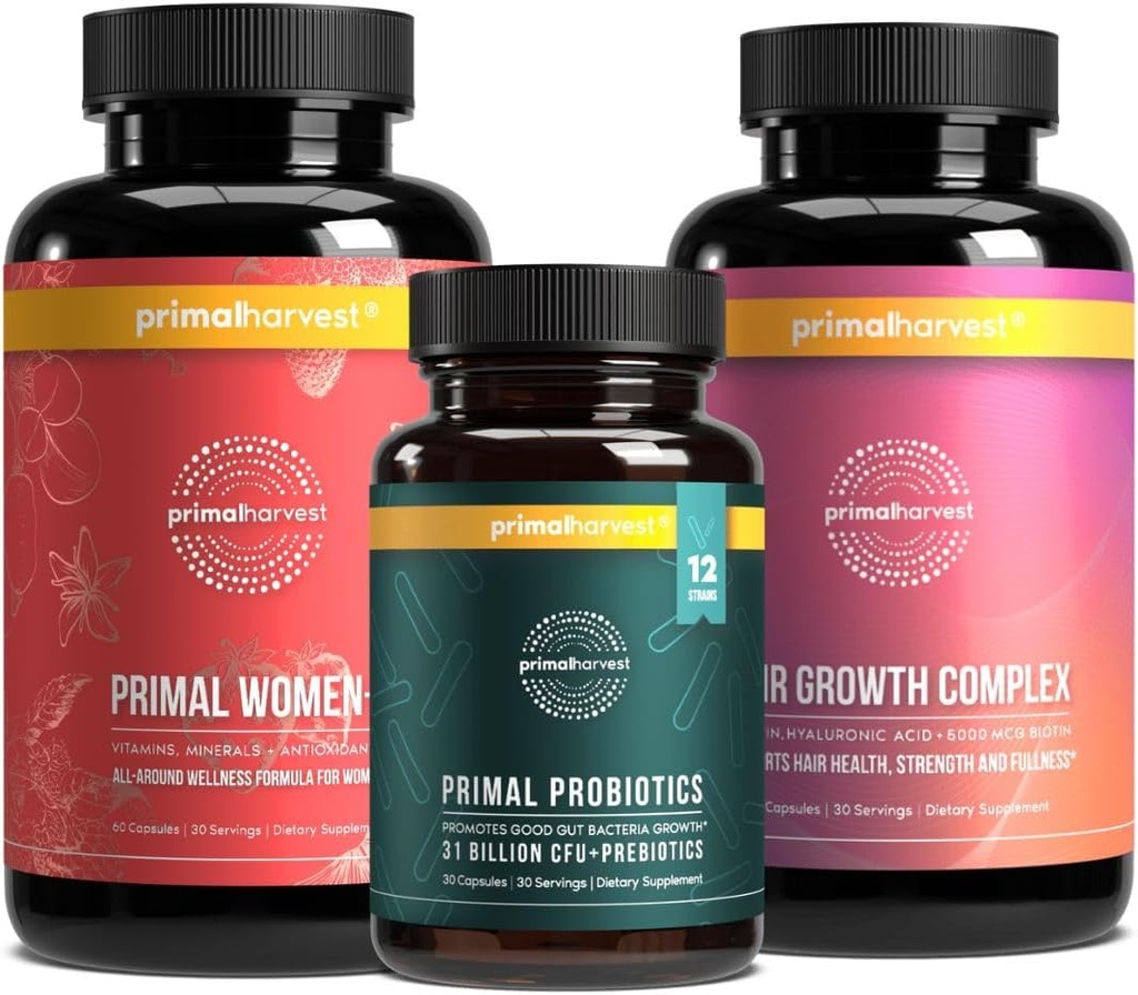 Primal Harvest Frauen Bundle – 30 Tage Versorgung: Frauen+ Multivitamin, Primal Hair Support und Primal Probiotic für Frauen Gesundheit und Vitalität