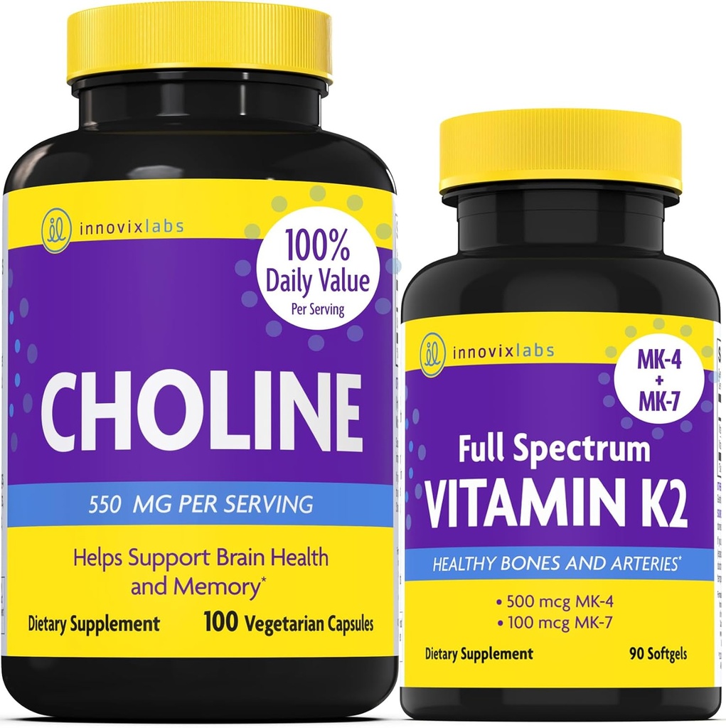 InnovixLabs Choline & Vitamin K2 Bundle Choline Bitartrate 550mg (100 Kapseln) Full Spectrum Vitamin K2 (90 Softgels). Unterstützt Gedächtnis, Stimmung, Gehirn Gesundheit & Boost kognitiv.*