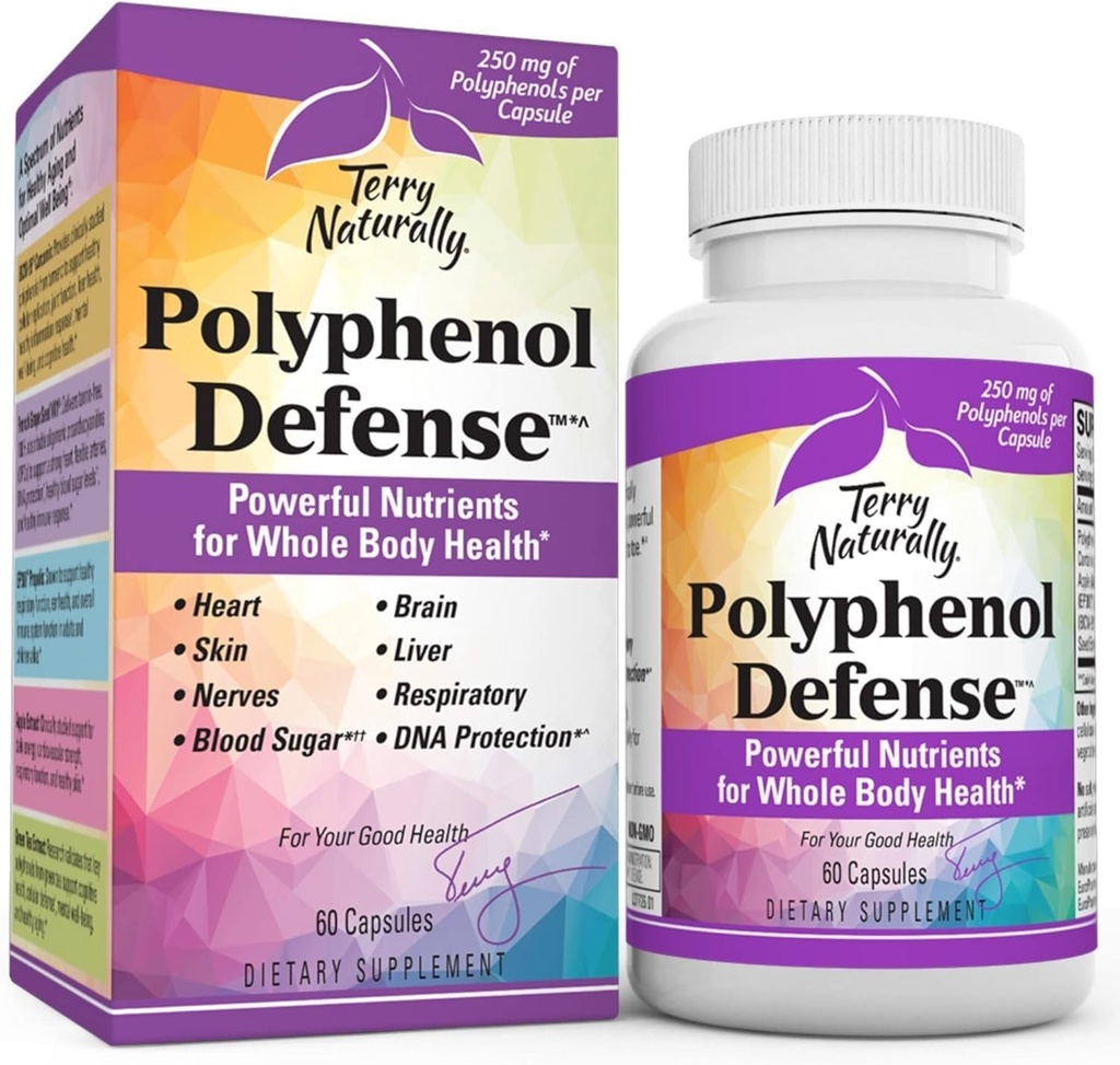Terry Naturally Polyphénol Defense - Supplément pour soutenir la santé du cerveau, du foie et du nerf - Mélange de polyphénol antioxydant pour soutenir la santé respiratoire et de la peau - Soutien de santé du corps entier - 60 capsules