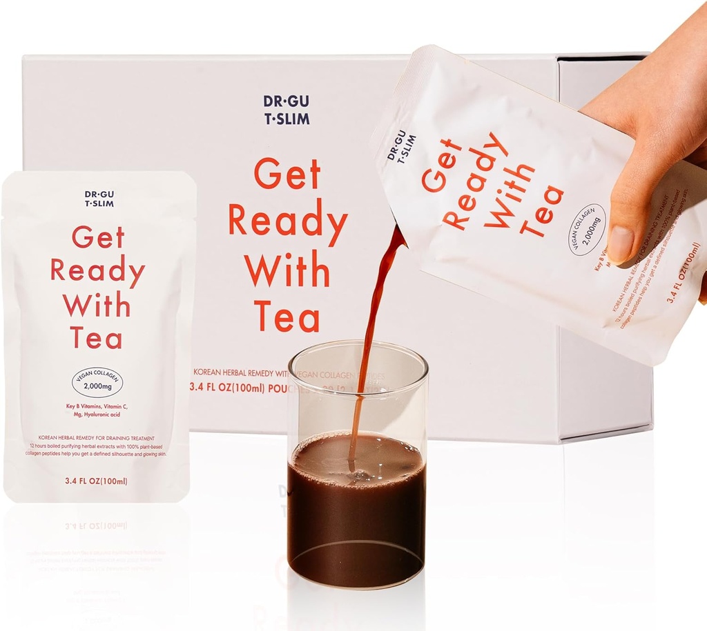 DR.GU T.SLIM Korean Collagen Supplements - Mixed Berry Taste | Korean Vegan Collagen Peptides and Herbal Extracts Liquid | 20 Packs (1 Box) - Your Go-to for Glowing Face - Get Ready with Tea