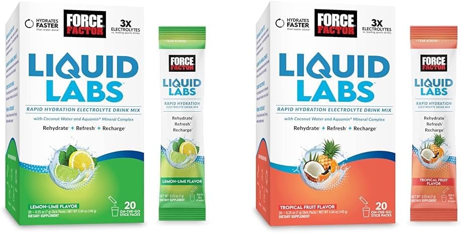 Bundle von FORCE FACTOR Liquid Labs Elektrolyte Pulver, Hydration Packets, um Elektrolytwasser mit Vitaminen, Mineralien und Antioxidantien zu machen. Lemon-Lime Flavor + Tropical Fruit Flavor, 40 Stick Packs
