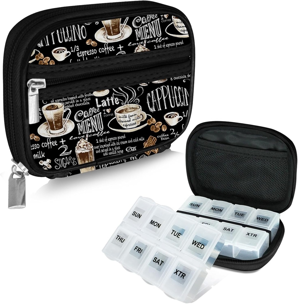 Serfeymi Weekly viaggio Pill Organizer caso per la borsa con rimovibile 7 giorno Pill Box, Fashionable Travel Medicine Organizer Pill Container per la medicina, Vitamina, Supplemento - Nero 02 + Pill Box