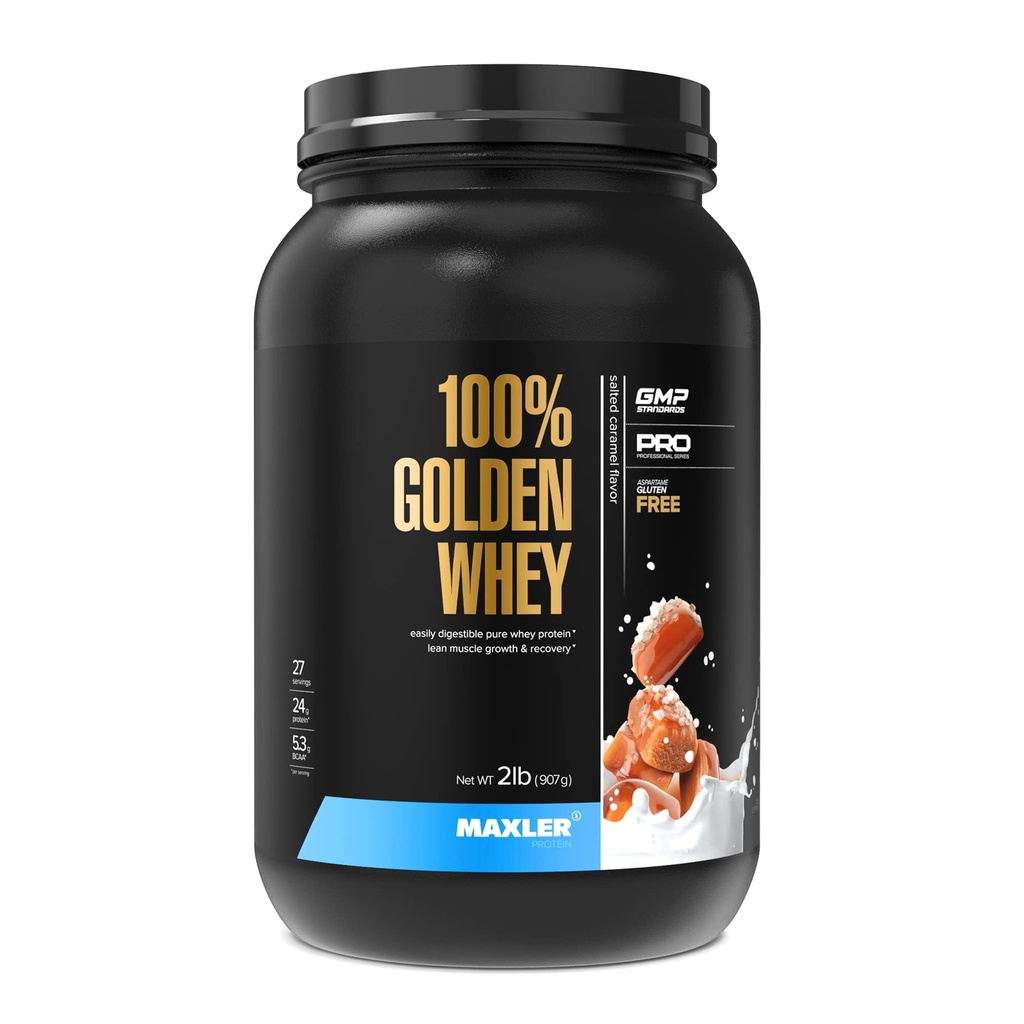Maxler 100% Golden Whey Protein - 24g de protéines par portion - Premium Whey Protein Poudre pour pré-entraînement - Fast Absorbing Whey Concentrate, Isolate & Hydrolysate Blend - Caramel salé 2 lb