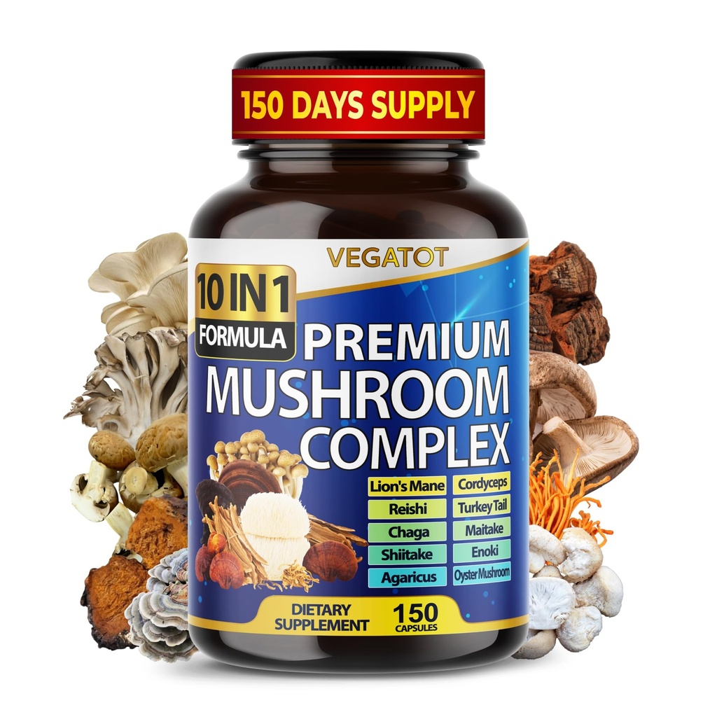 10 in 1 supplemento di funghi ad alta resistenza - Lions Mane, Cordyceps, Reishi - Integratori di cervello per la memoria e messa a fuoco ** 5 mesi di alimentazione