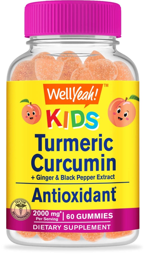 WellJa Kurkuma Curcumin mit schwarzem Pfeffergummi für Kinder - Natürliche Immununterstützung, Gelenk- und Muskelgesundheit, Verdauungsgesundheit und Gehirnfunktion - Non-GMO, Vegan, Glutenfrei - 60 Count