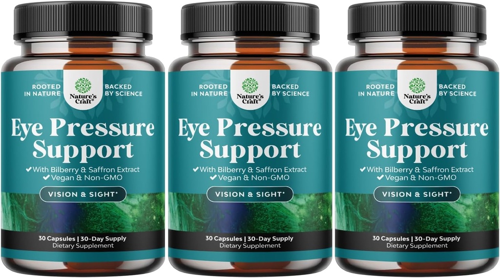 Support de pression oculaire avec extrait de bilberry - Vegan Eye Health Complement for Adults For Ocular Pressure Relief with Safran Ginkgo Niacin and More Vitamines Vision Support (3 Month Supply)