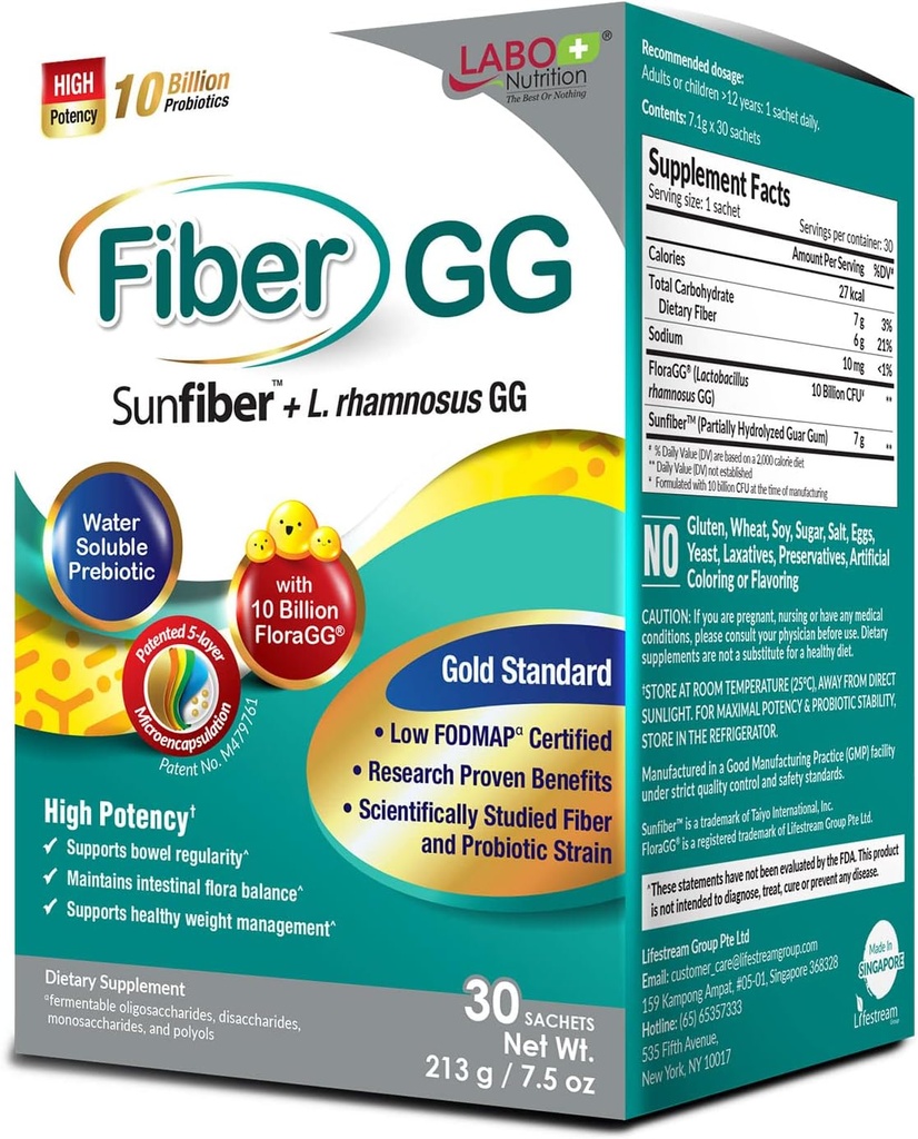 LABO Nutrition FiberGG, Lactobacillus Rhamnosus GG 10 Billion CFU Active Probiotics und 7g Sunfiber Prebiotic Fiber Supplement, Unterstützt gesunde Darm, Immungesundheit, Glutenfrei, 30 Sachets