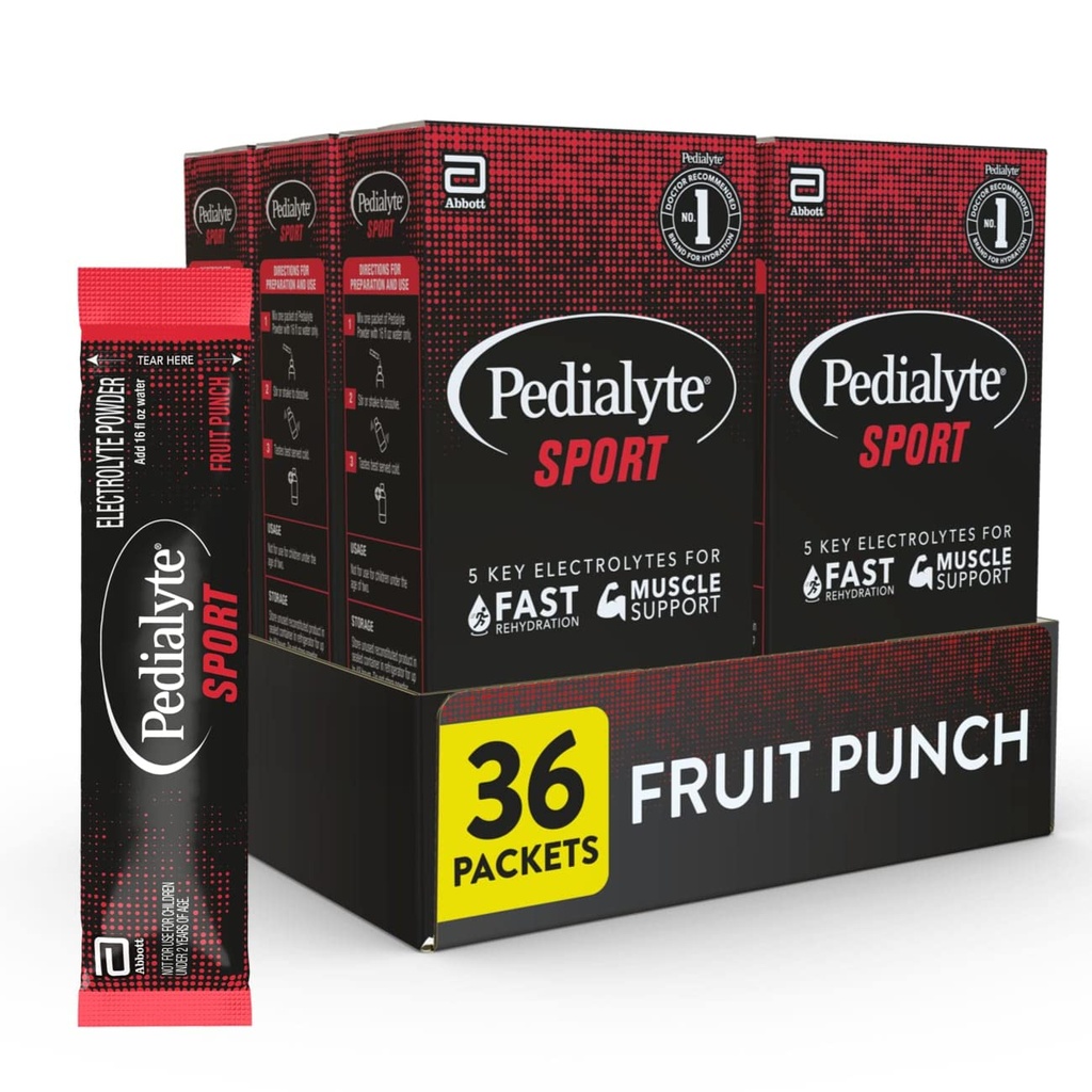 Pedialyte Sport Elektrolyt-Pulver, schnelle Hydration mit 5 Schlüsselelektrolyten für Muskelunterstützung vor, während, & nach Übung, Obst-Punch, 0.49 Oz Sachets 6 Count (Pack von 6)