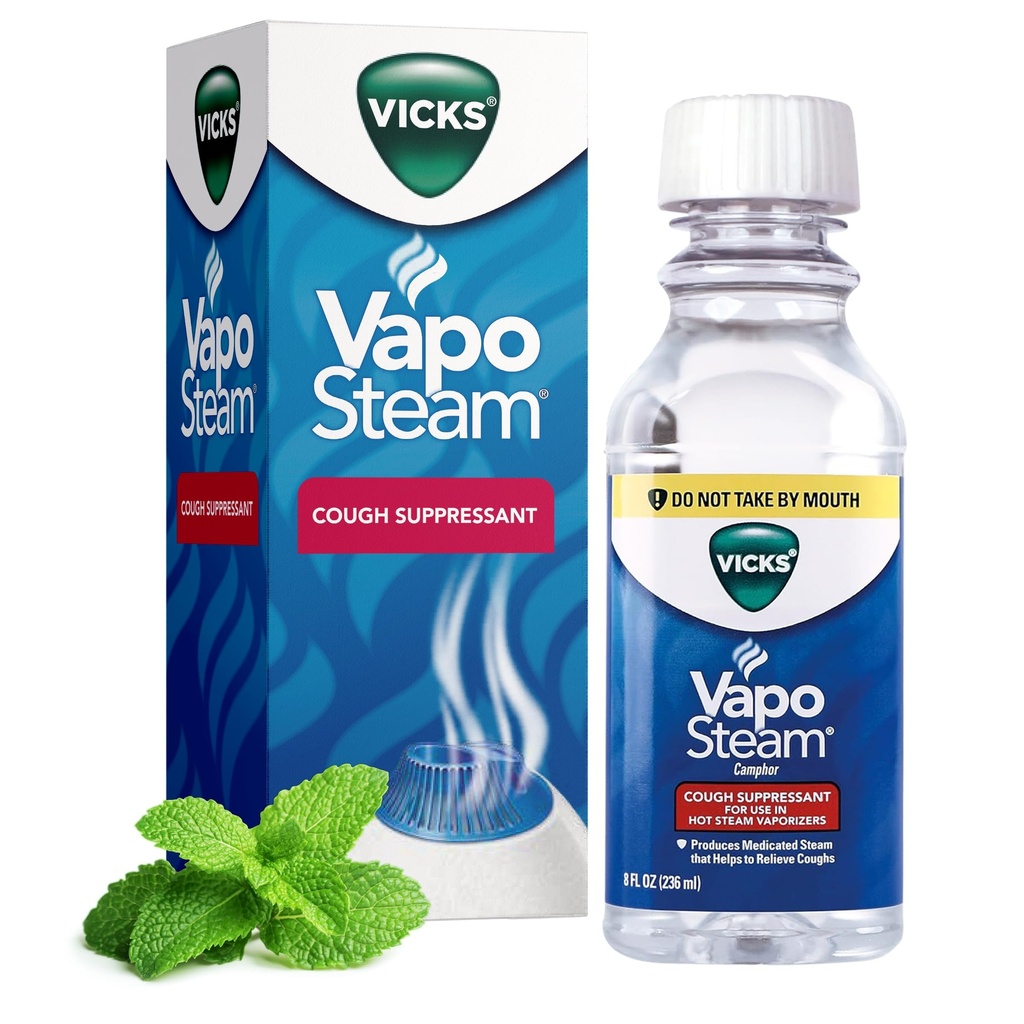 Vicks VapoSteam Medicated Liquid Camphor Cough Suppressant, VapoSteam Liquid for Humidifiers, Helps Relieve Coughing, Compatible Humidifiers & Vaporizers, 8 Oz