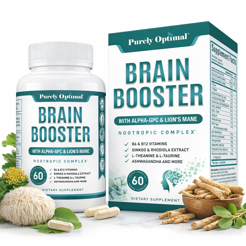 Purely Optimale Gehirn Booster Nootropic Supplement – Gehirnunterstützung für Gedächtnis, Fokus, Klarheit, Jitter-freie Energie für Erwachsene, Senioren– mit Ginkgo Biloba, Alpha GPC, Lion’s Mane – 60 Kapseln