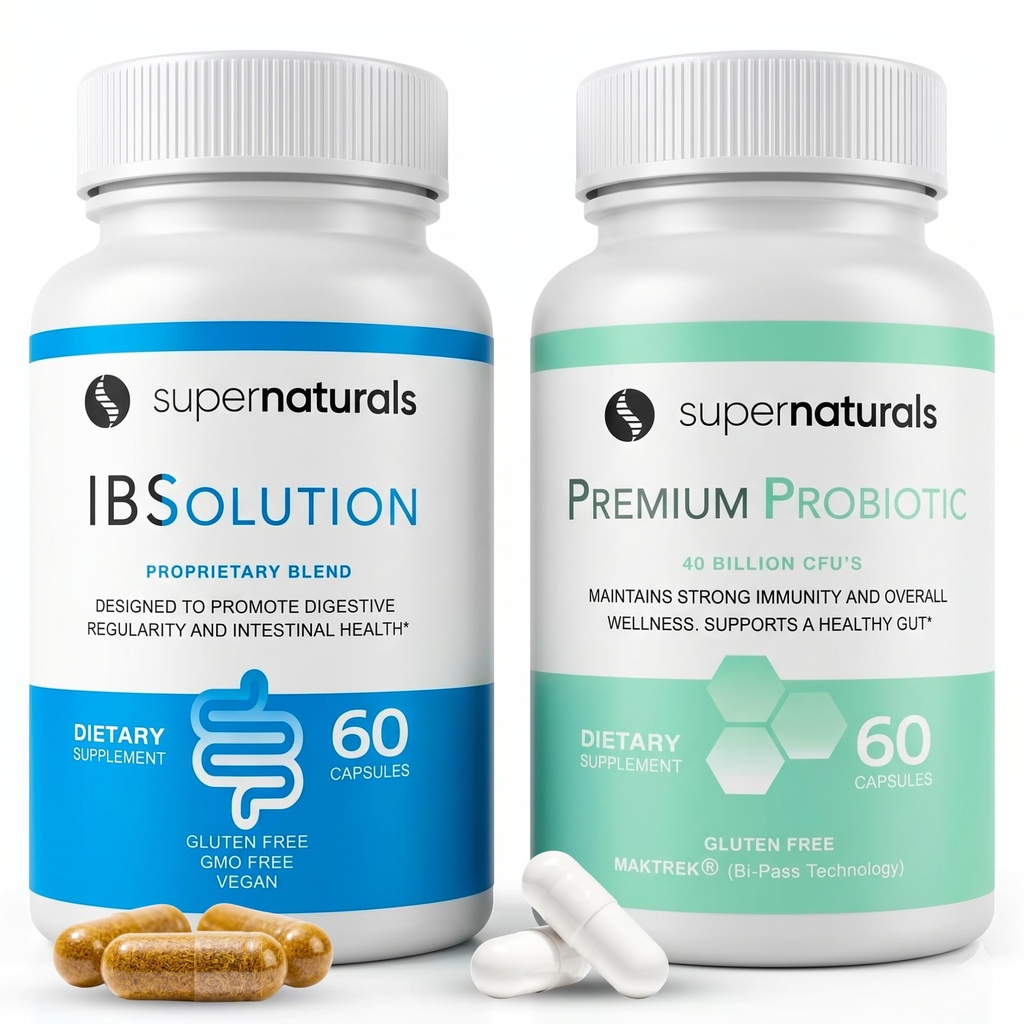 IBSolution Gut Health Bundle - All Natural Gut Health Support & Premium Probiotics w/ 40 Billion CFU zur Unterstützung von unregelmäßigen Bowels, Bloating, Constipation, Gas, Bauchschmerzen - 2 Pack (120 Caps)