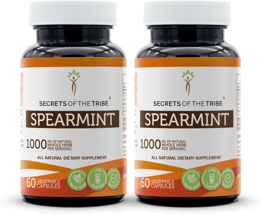 Secrets of the Tribe Spearmint Capsules 1000 mg Spearmint (Mentha spicata) Getrockneter Blatt, Frauenhormon Support Supplement (2x60 Kapseln)