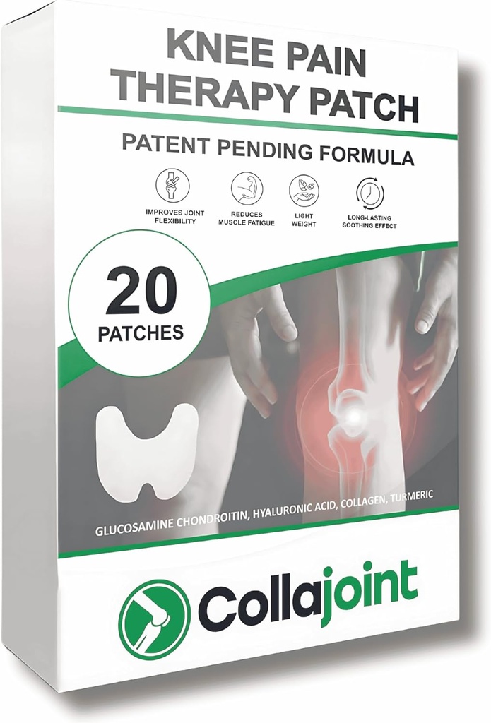 Knee Pain Relief Patch - Hydrogel for Mobility & Comfort with Collagen & Glucosamine - Low Odor, 20 Count