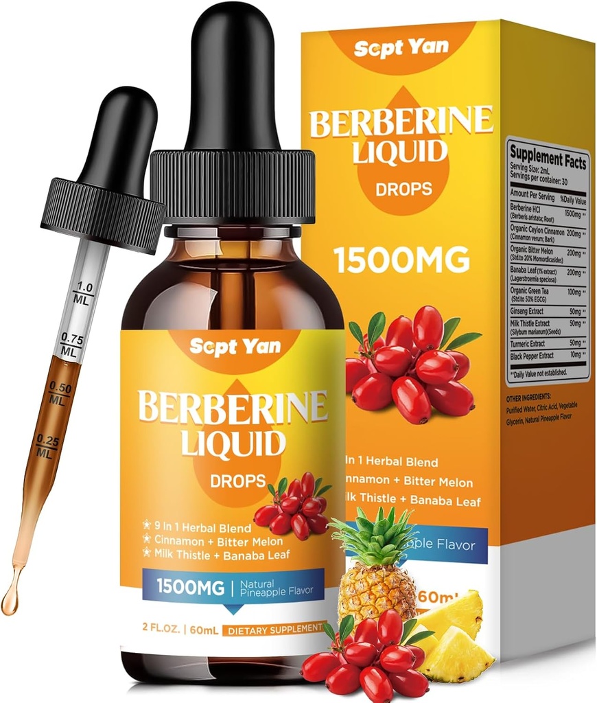 Berberina Supplemento Liquid Drops- Berberine 1500mg con Ceylon Cinnamon, Bitter Melon, Banaba Leaf, Turcum per Immune, Sistema di Digestione, Supporto cardiaco, Natural Ananas Flavor, 2 Fl Oz