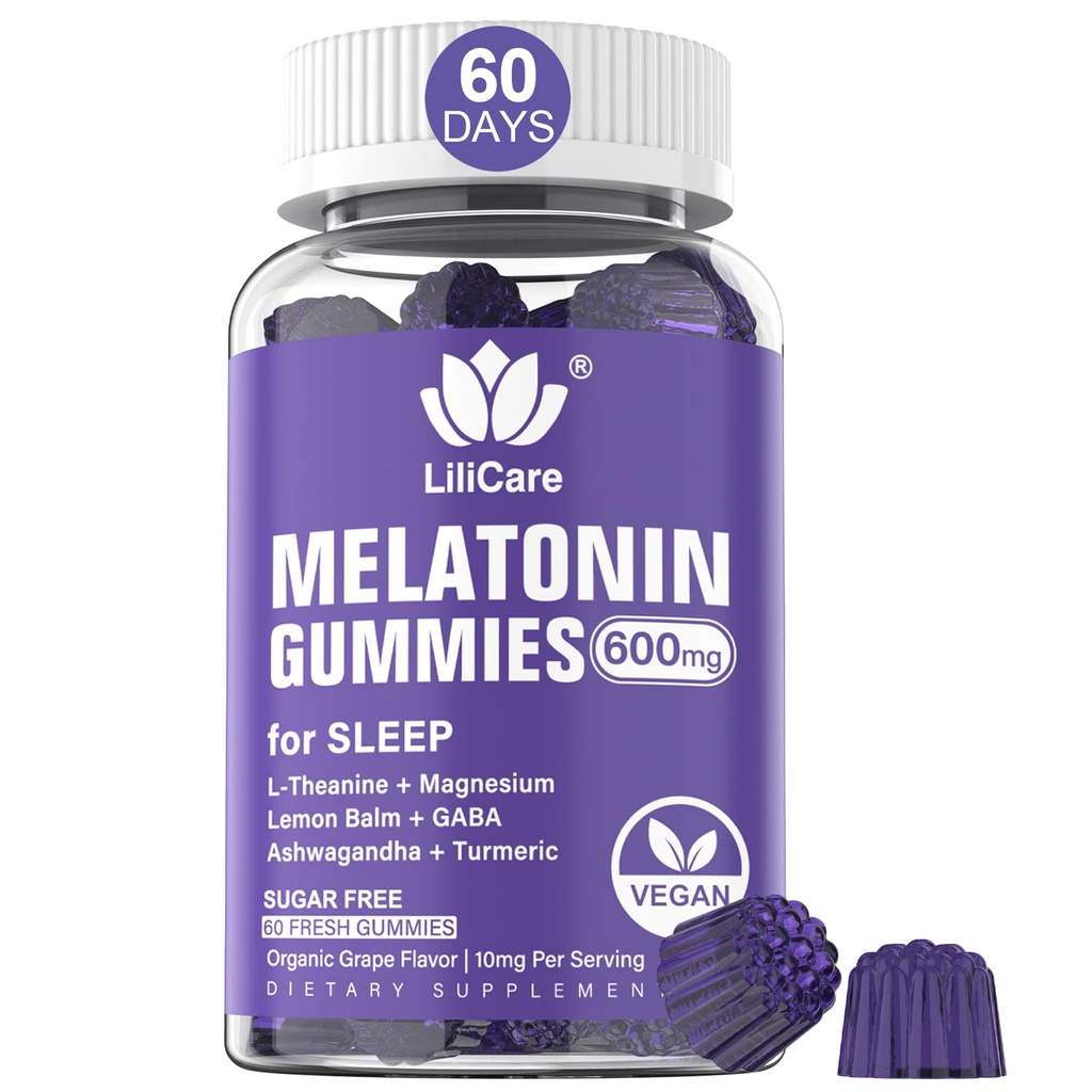 Mélatonine Gommies 10mg 20mg pour les adultes, Force supplémentaire avec L-Theanine, Ashwagandha, Magnésium, Turmeric, GABA, Lemon Baume et Chamomile pour soutenir le rythme circadien de la santé, parfum de raisin végétalien
