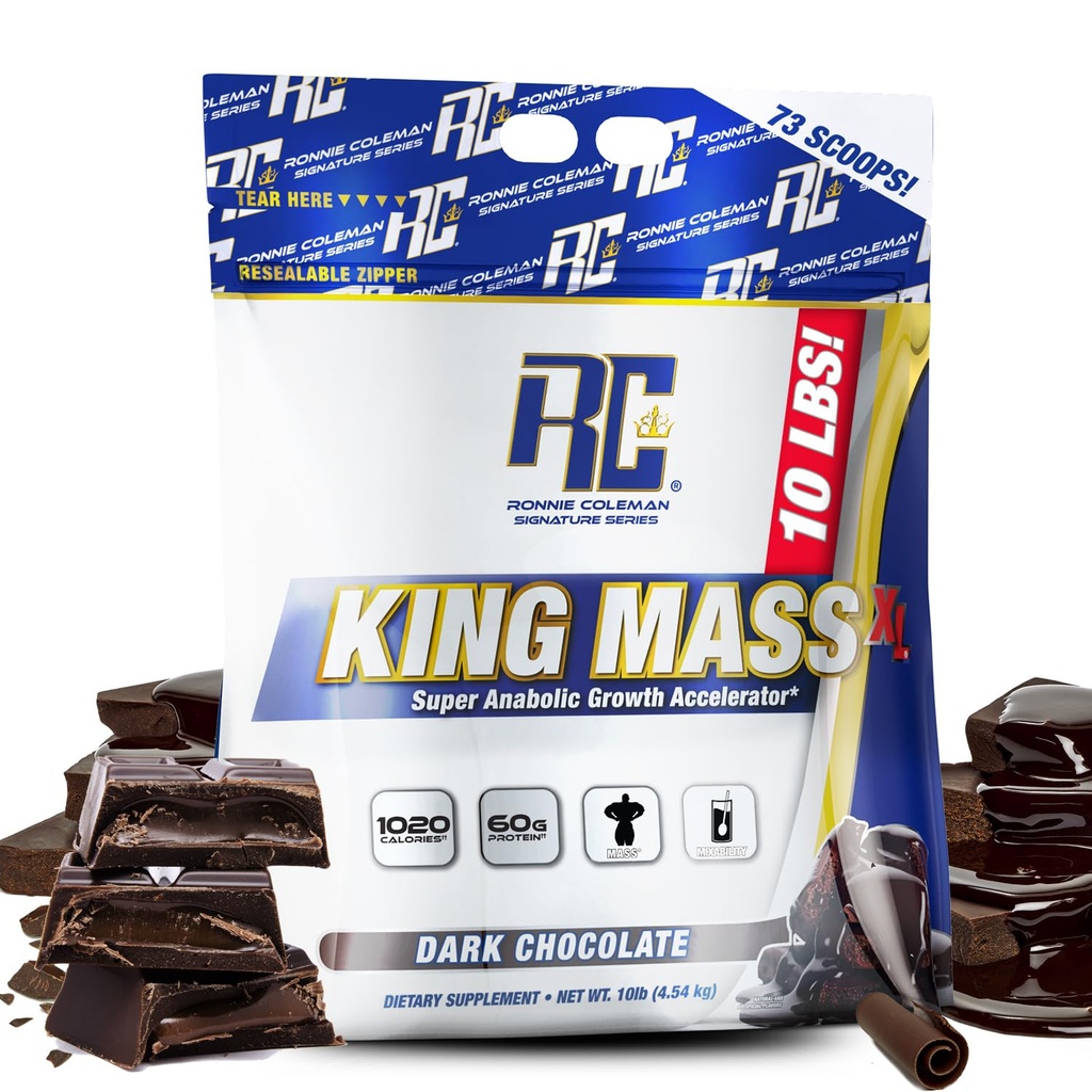 Ronnie Coleman Série Signature King Mass XL Mass Gainer Protéines Poudre – Chocolat foncé Gainer de poids avec 60g de protéines, 180g d'hydrates de carbone, 1000+ Calories, Créatine & Glutamine – 10 livres