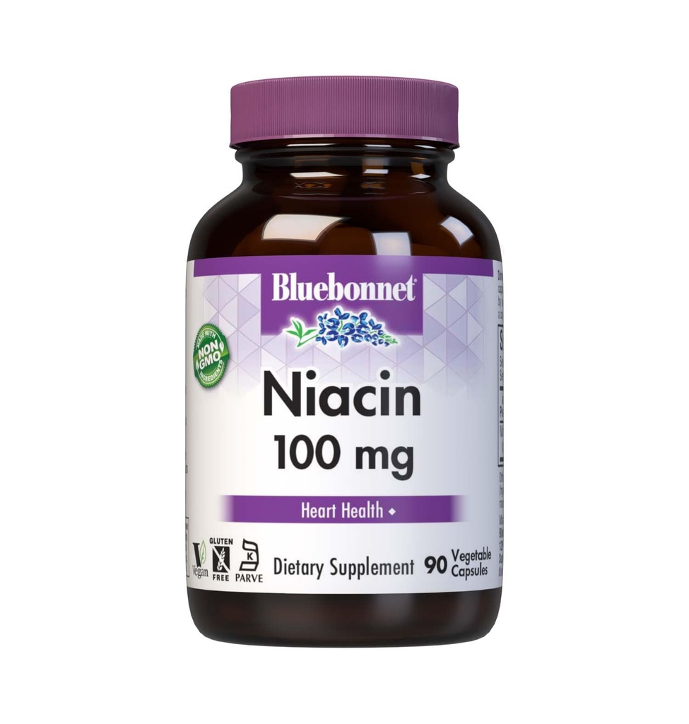Bluebonnet Niacin 100mg Vitamin B3 Nicotininsäure - Herz-Gesundheits-Unterstützung für Damen und Herren* - Non-GMO, Vegan, Kosher, Glutenfrei, Sojafrei, Dairy-freie Flush Niacin Ergänzung - 90 Gemüsekapseln