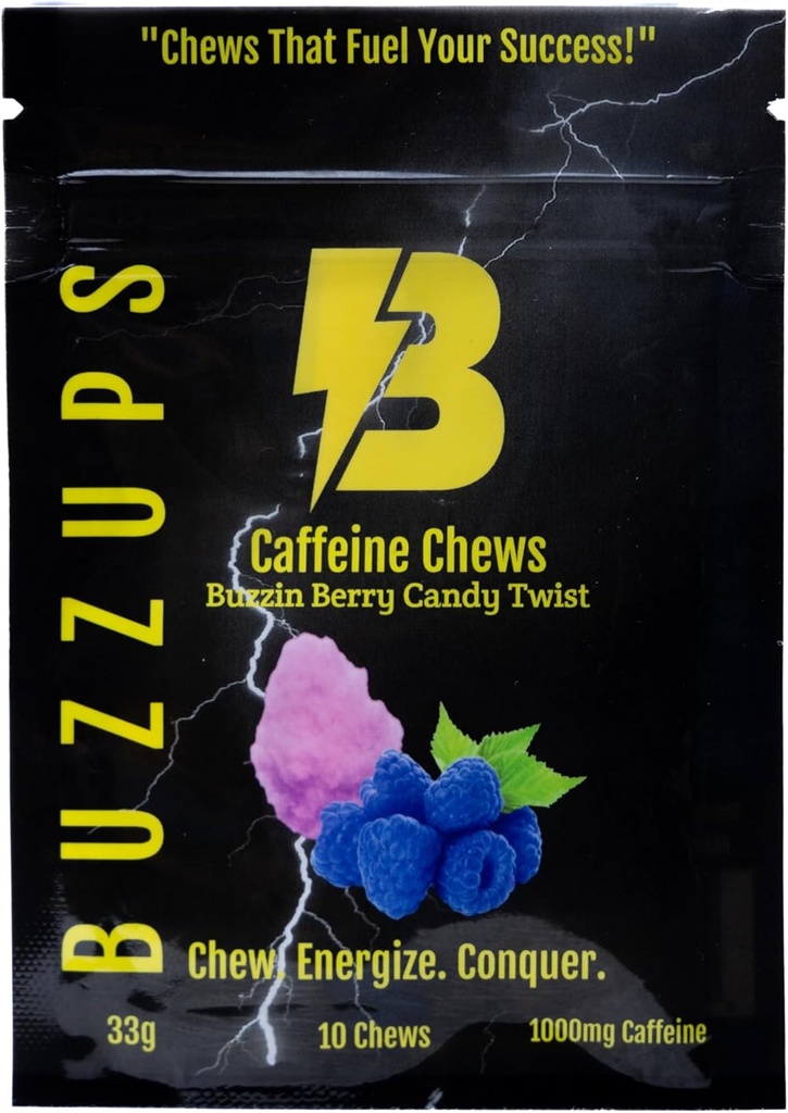 BuzzUps Koffeingummis – 100mg Koffein pro Gummy, Buzzin Berry Flavor, Energie-Boost für Sport, Spielen, Laufen, Radfahren, Fokus, Endurance Supplement (10 Gummis, 1 Pack)